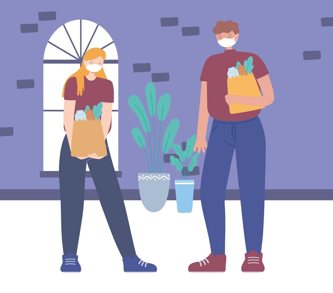 Man and woman with grocery bags and face masks vector