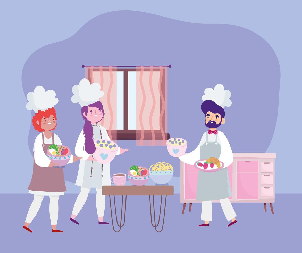 chefs femeninos y masculinos cocinando recetas en cuarentena vector