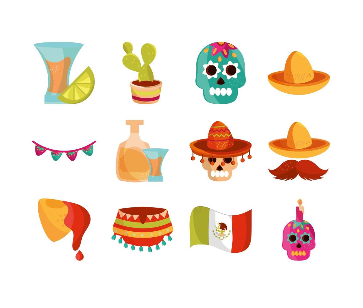 cinco de mayo, conjunto de iconos de decoración mexicana vector