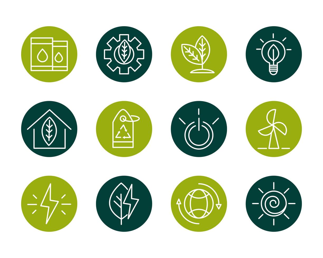 Conjunto de iconos de energía ecológica sostenible, renovable y verde vector