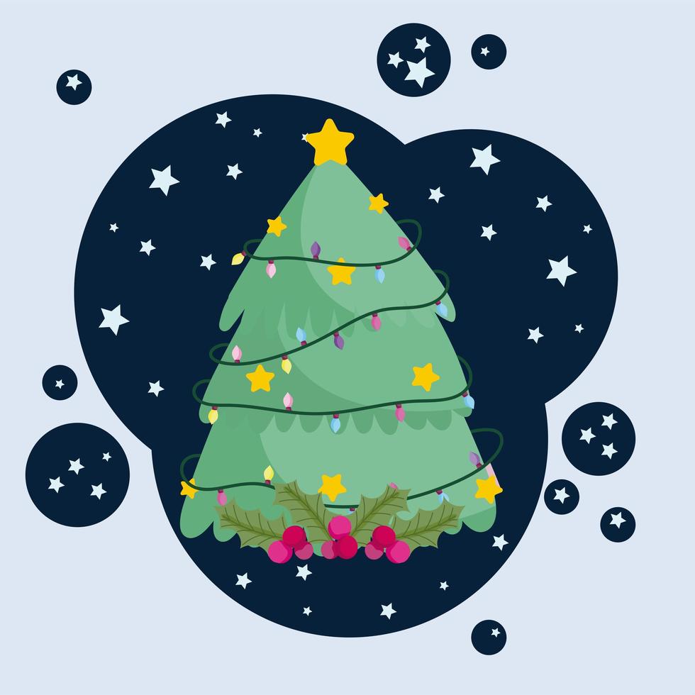 Christmas tree with lights, stars and holly berry decoration vector