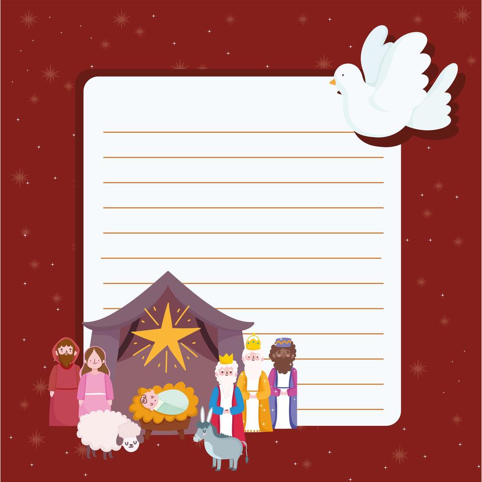 carta de navidad y natividad con sagrada familia y magos vector