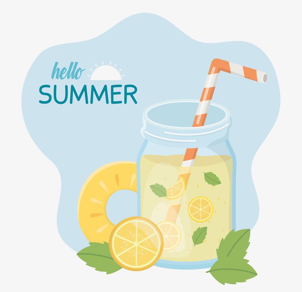 hola verano con jugos y composición de cóctel de frutas vector