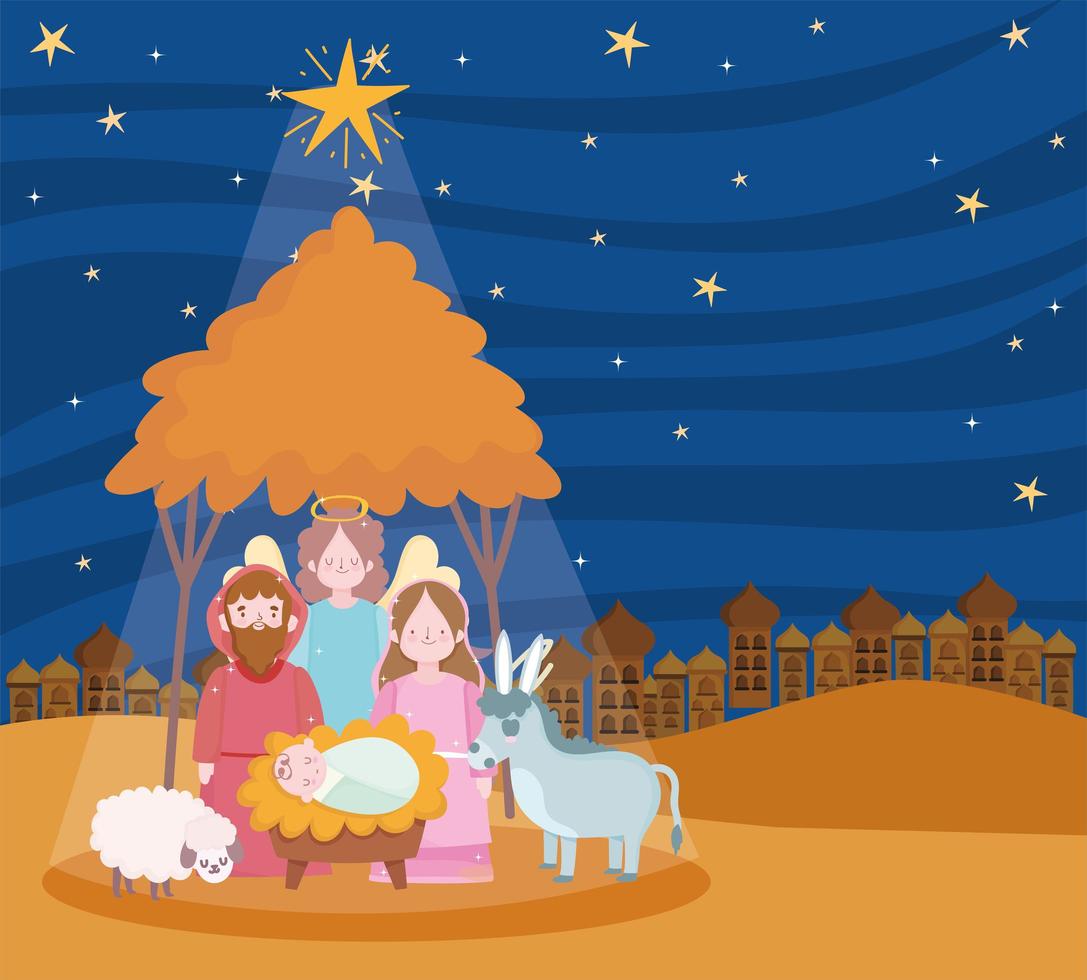pancarta de feliz navidad y natividad con la sagrada familia vector