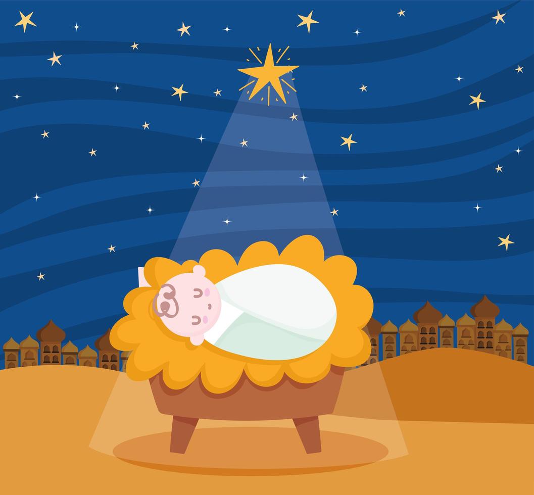 feliz navidad y belén con el niño jesús vector