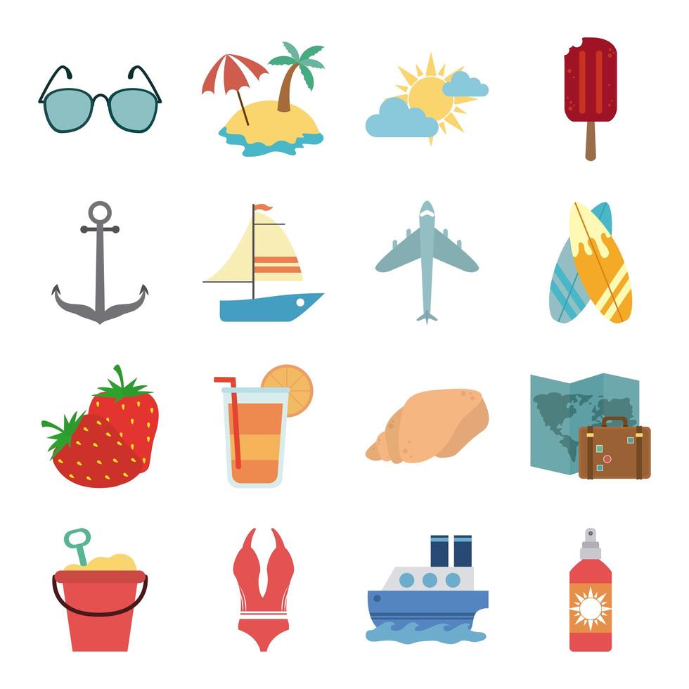 vacaciones de verano y conjunto de iconos planos de playa vector