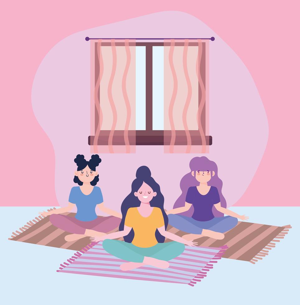 Girls meditating, self isolation activity in quarantine vector