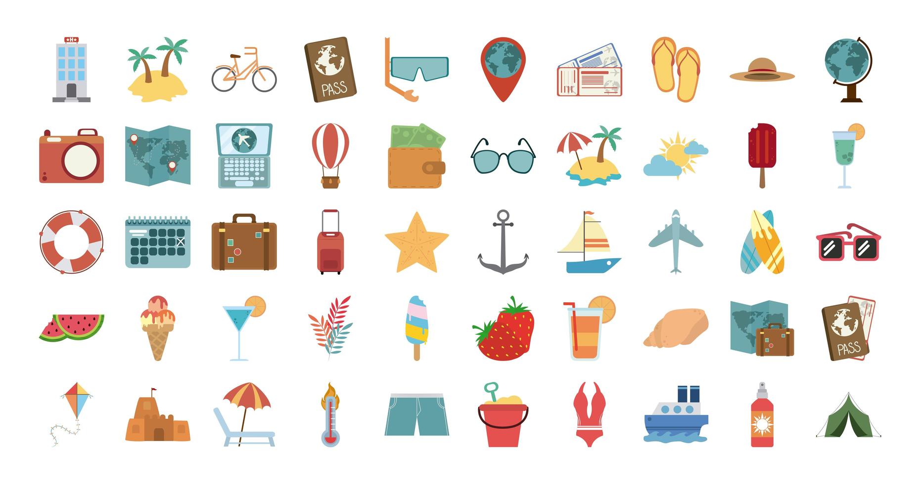 vacaciones de verano y conjunto de iconos planos de playa vector