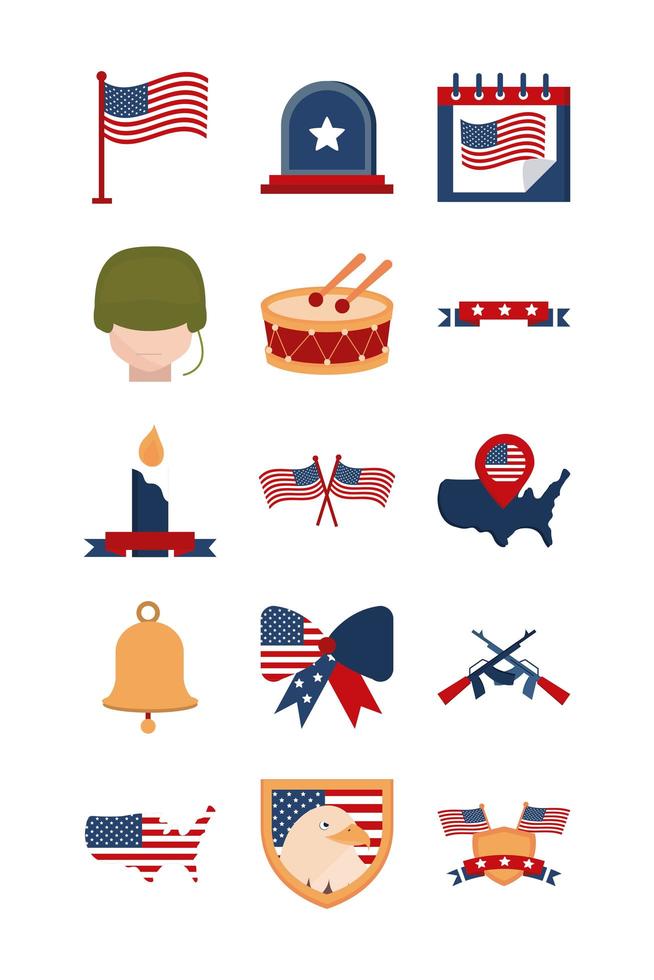 día conmemorativo, conjunto de iconos de celebración nacional estadounidense vector