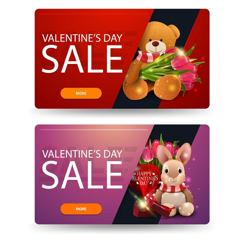 venta de san valentín, dos pancartas de descuento con juguetes. vector