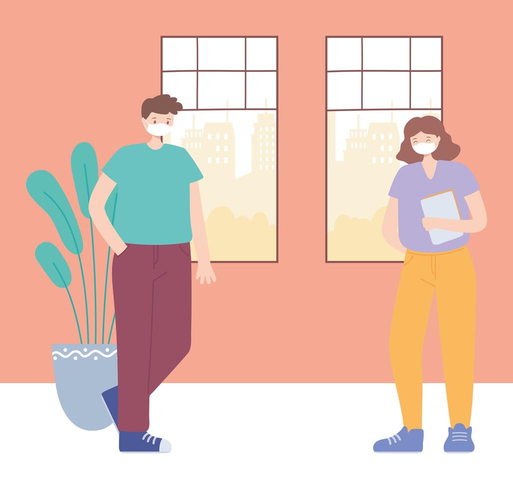 Man and woman maintaining social distancing measures vector