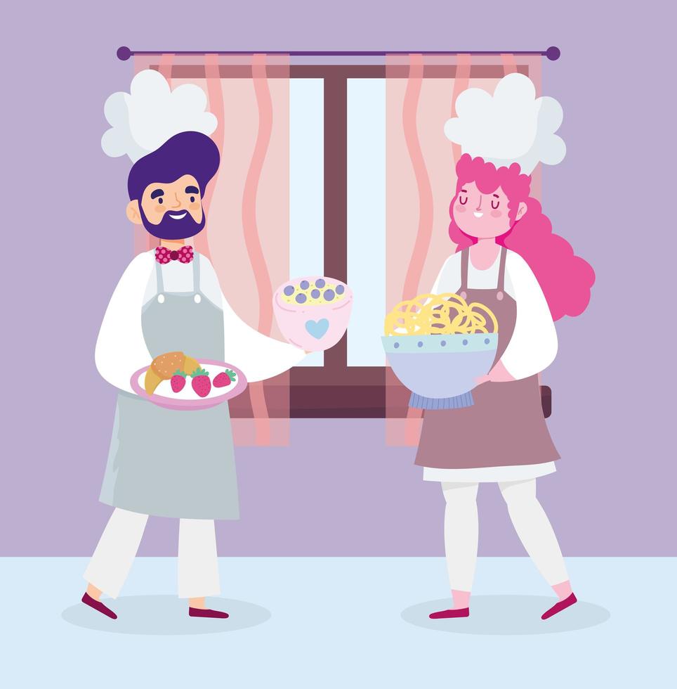 Female and male chefs cooking recipes in quarantine vector