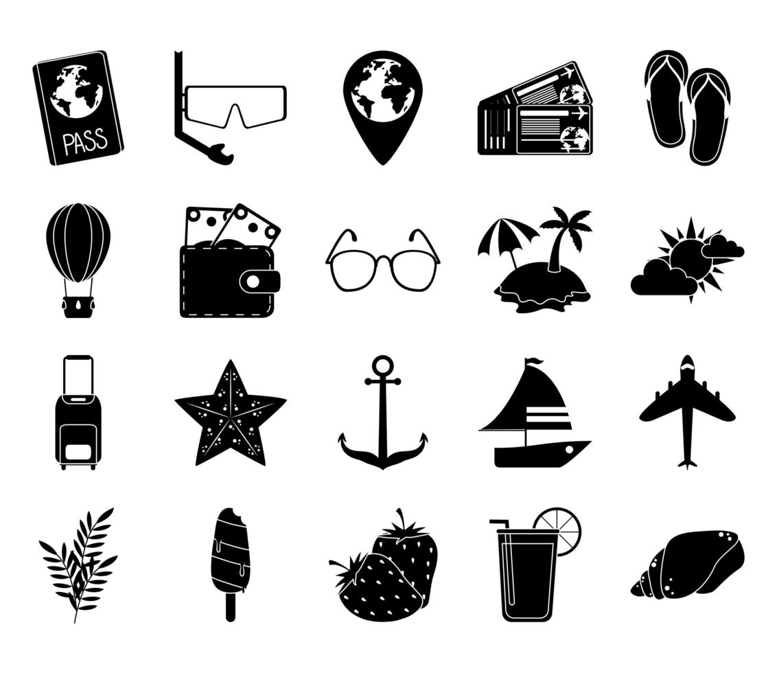 vacaciones de verano y conjunto de iconos de silueta de playa vector