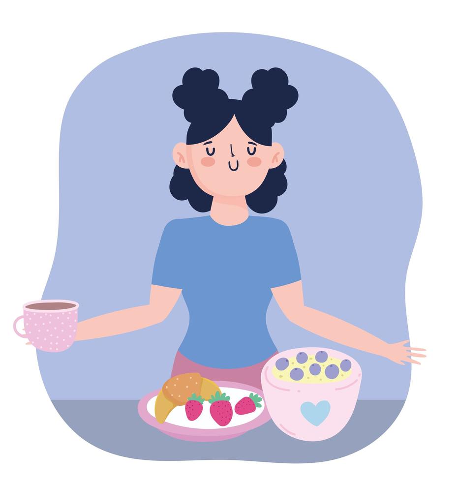 Peaceful woman with snacks and coffee vector