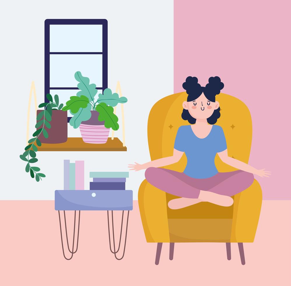 Girl meditating, self isolation activity in quarantine vector