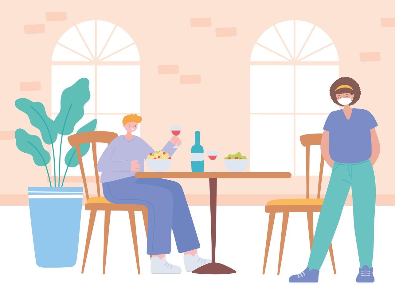Restaurant on coronavirus prevention with social distancing dinner vector