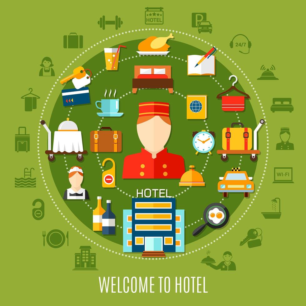 Bienvenido al banner redondo del hotel con iconos. vector