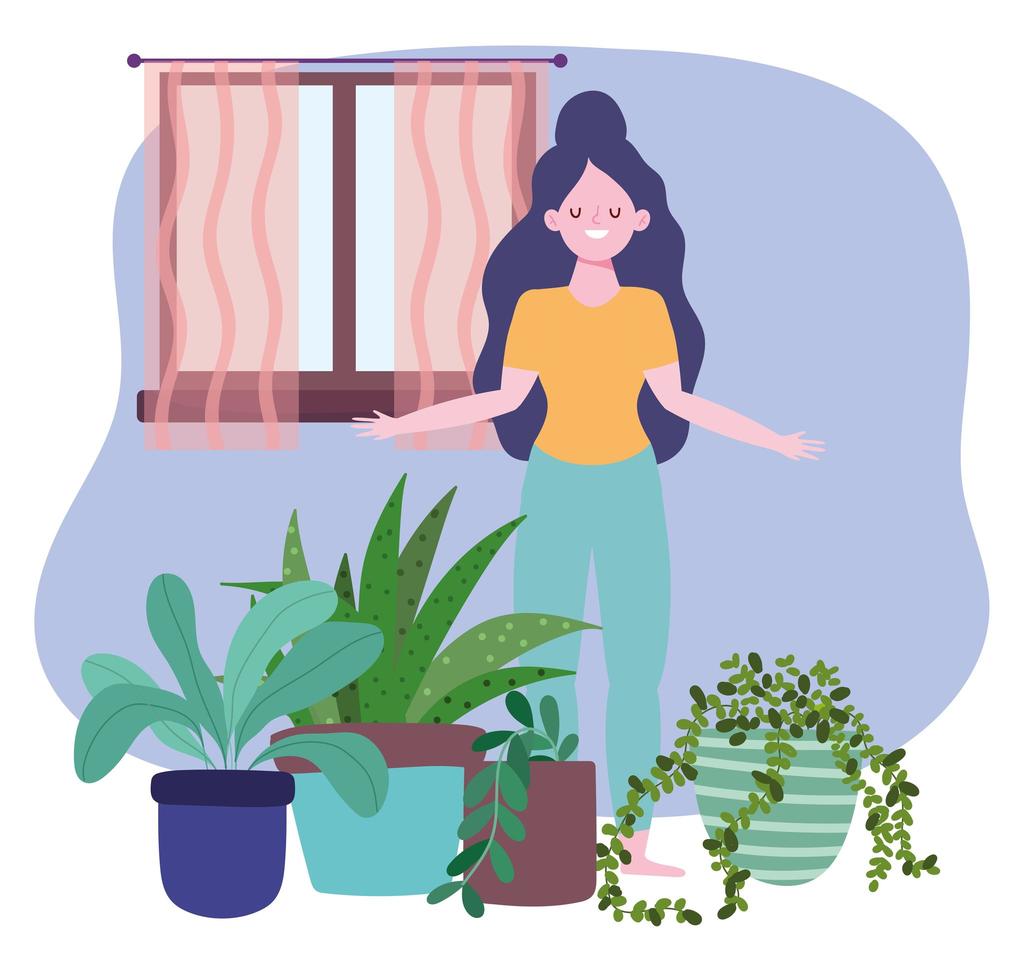 Woman with houseplants decoration, activities in quarantine vector