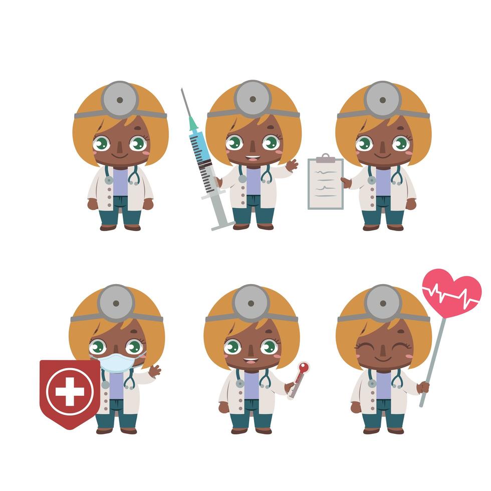 Mascota doctora afroamericana en varias poses vector