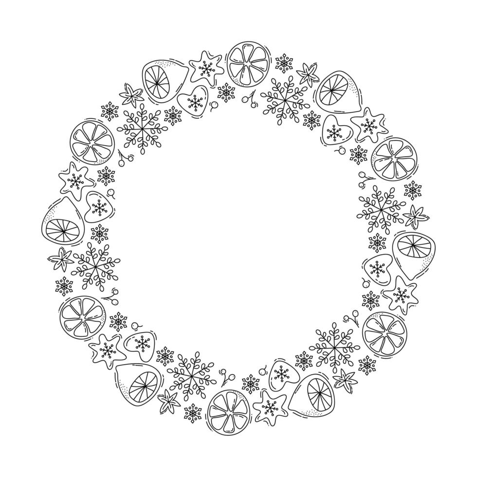 Christmas monoline wreath with lemon and snowflakes vector