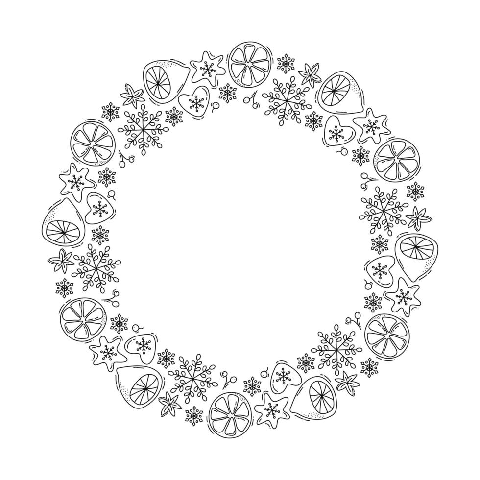 Christmas monoline wreath with lemon and snowflakes vector