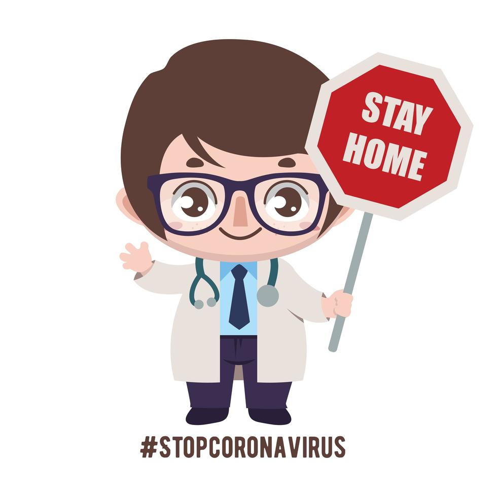 Doctor urging people to stay home with sign vector