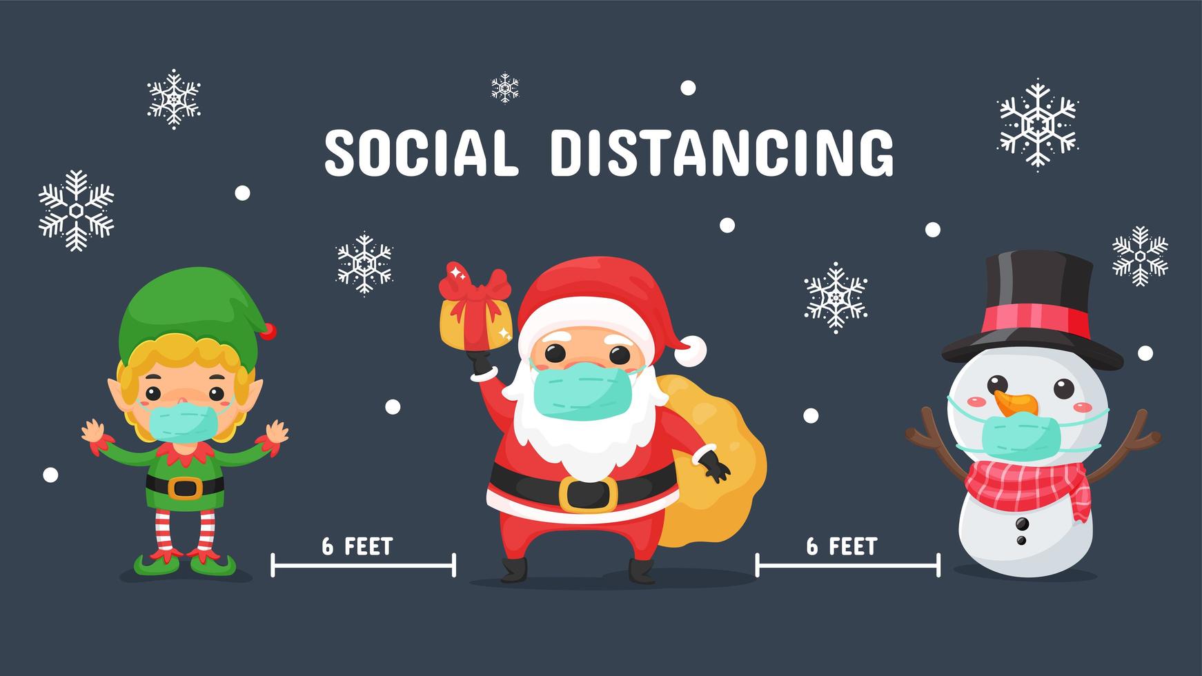 Masked Santa, elf and snowman social distancing vector
