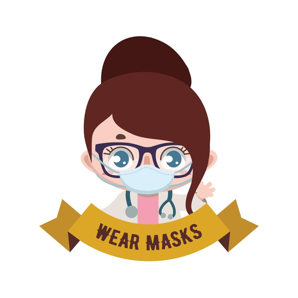 Female doctor and banner with wear masks message vector