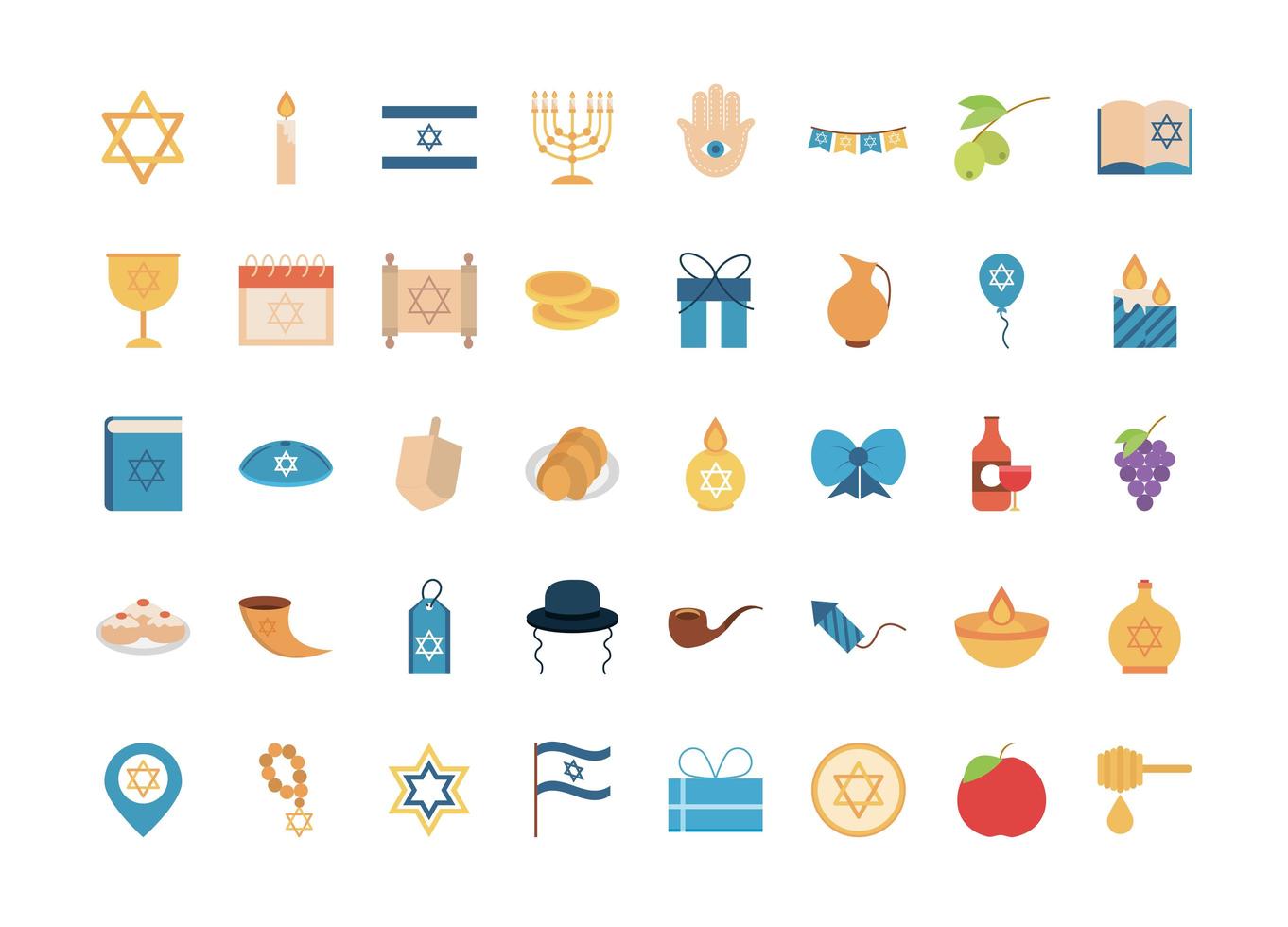 Hanukkah, Jewish traditional ceremony flat icon set vector