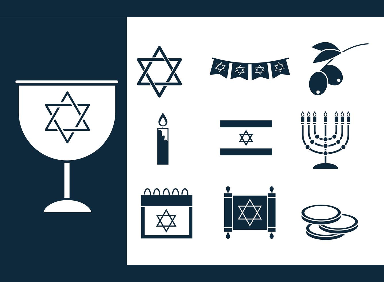 Hanukkah, Jewish traditional ceremony silhouette icon set vector