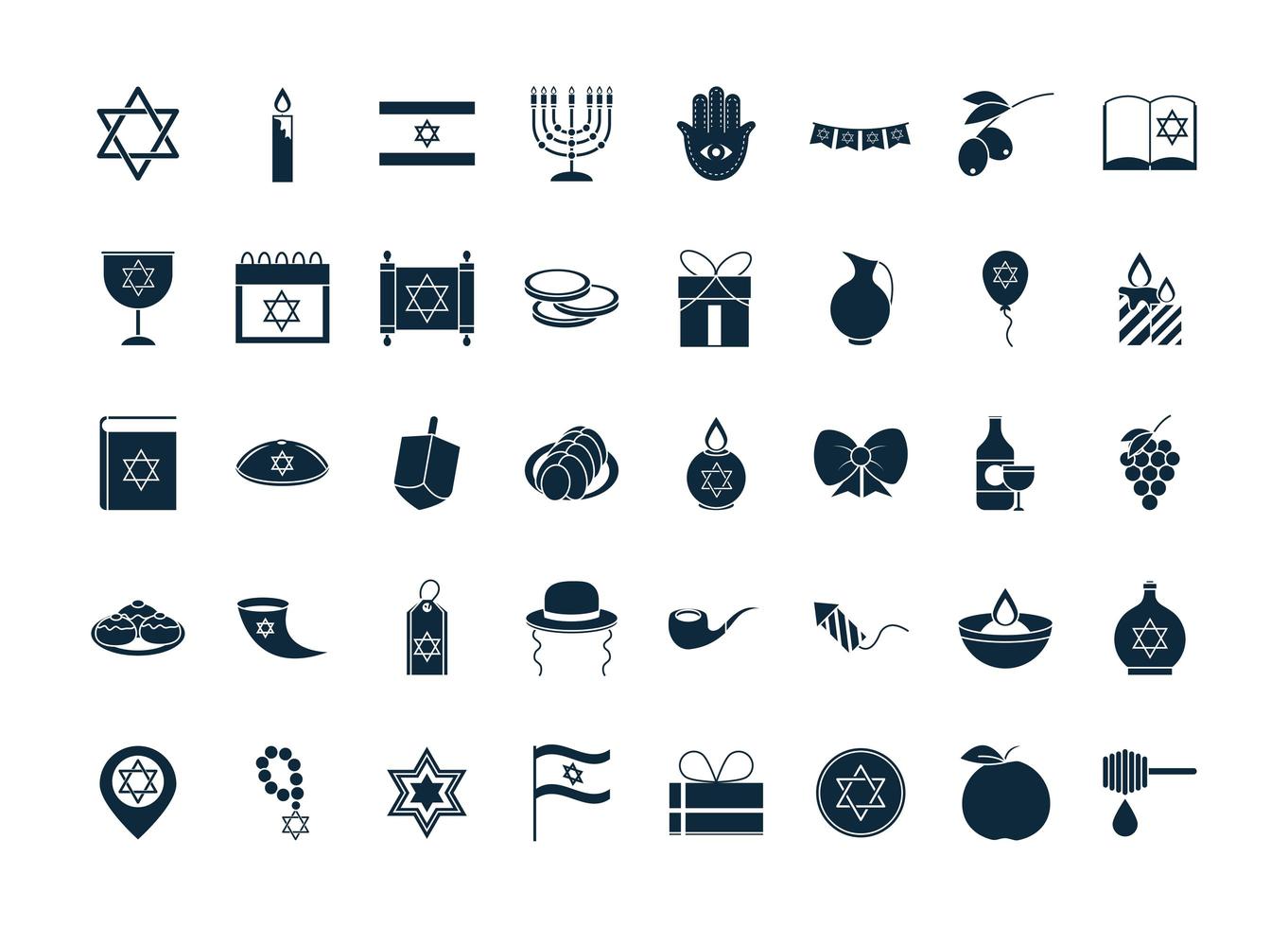 Hanukkah, Jewish traditional ceremony silhouette icon set vector