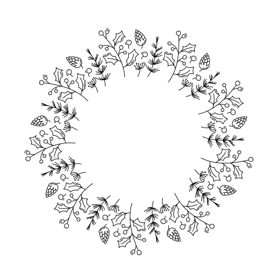 Christmas monoline wreath with pine cone branches vector