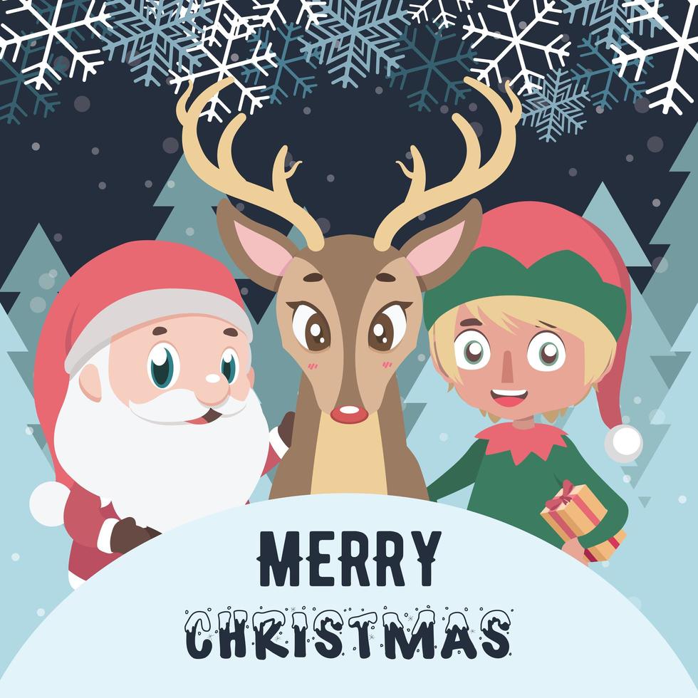 Merry Christmas greeting with Santa, elf and reindeer vector