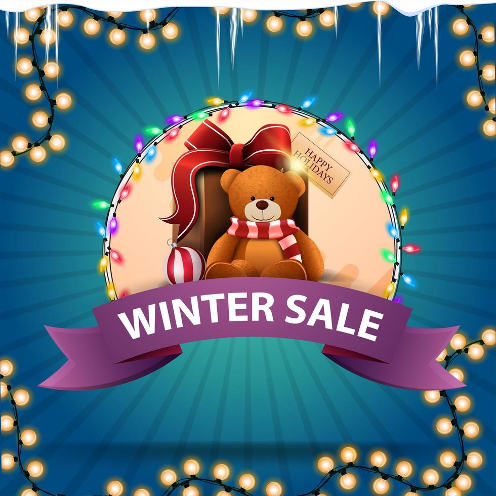 Venta de invierno, banner de descuento redondo con cinta. vector