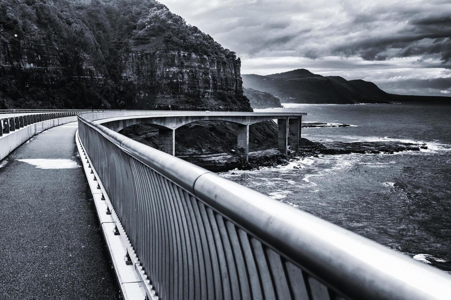 Black and white of bridge near the ocean photo