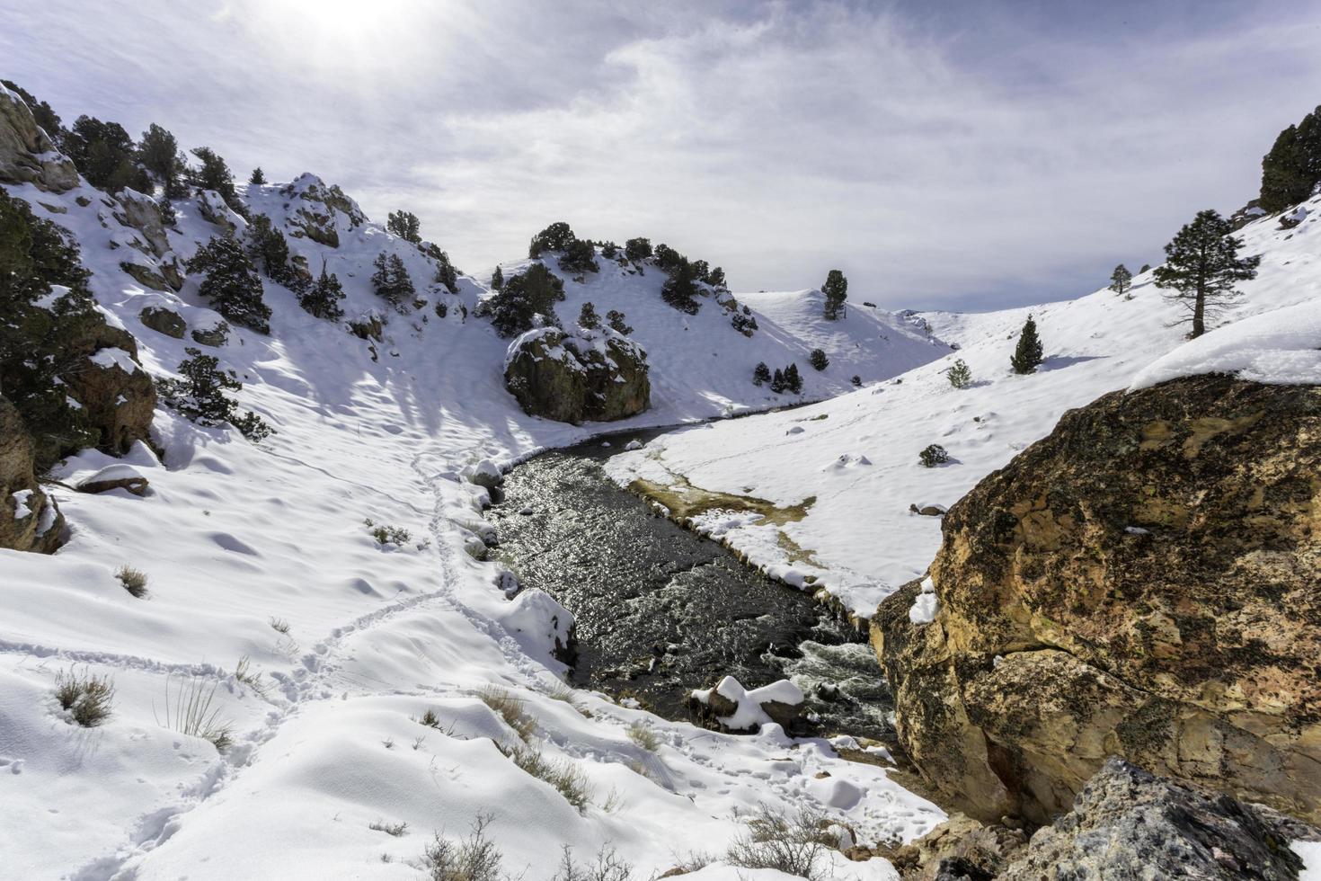 River valley through the mountains during the day photo