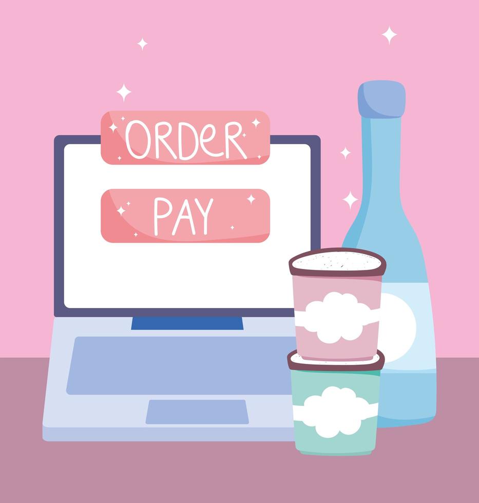 Online market with laptop, ice cream and a water bottle vector