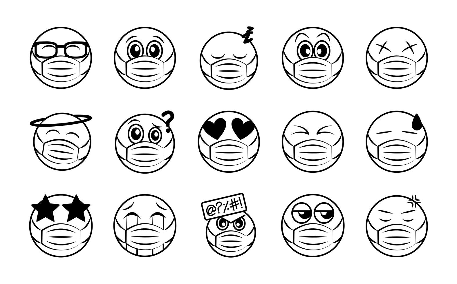 Emoticon with face mask icon set vector