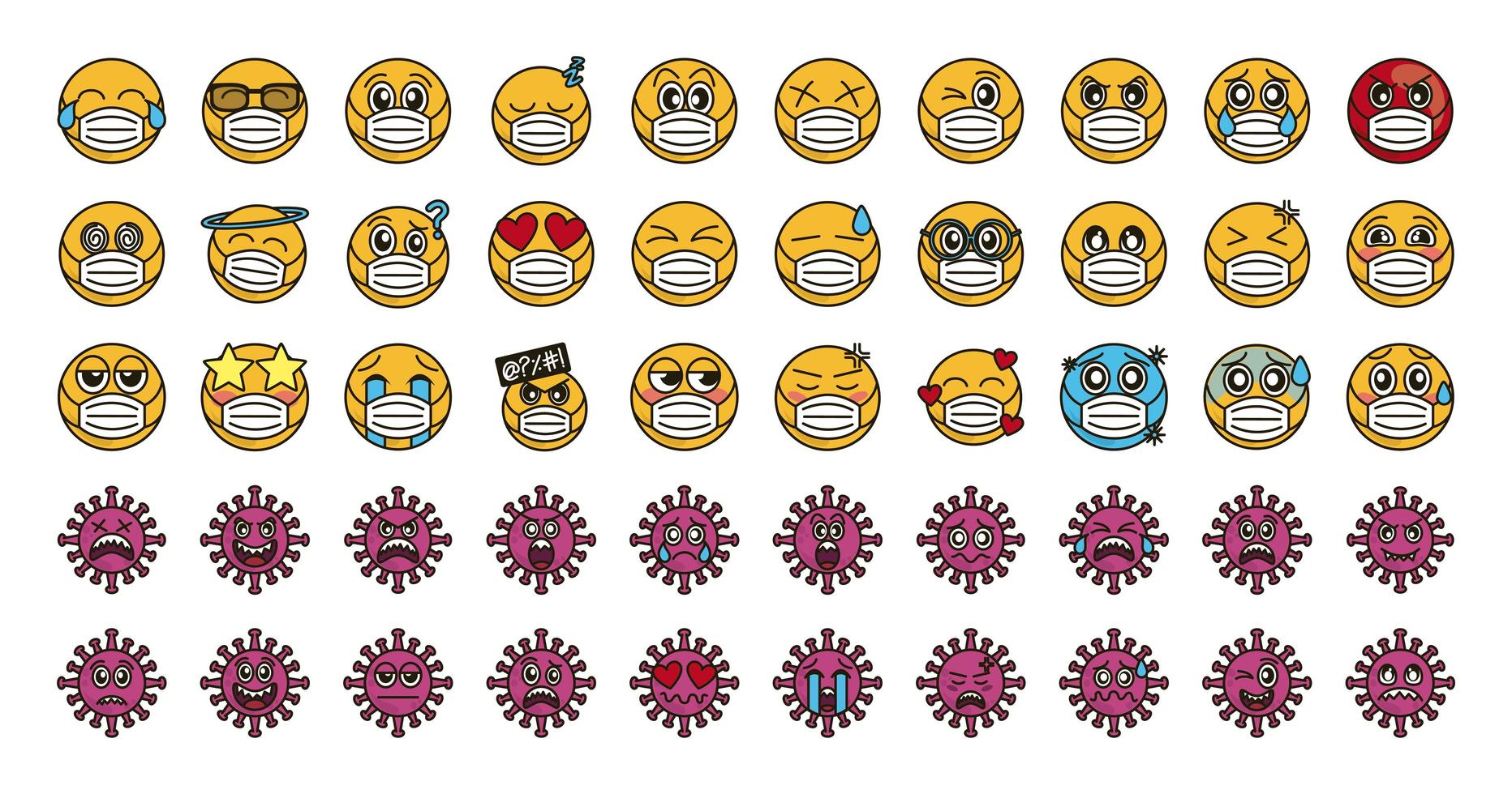 emoticon con mascarilla y conjunto de iconos de coronavirus vector