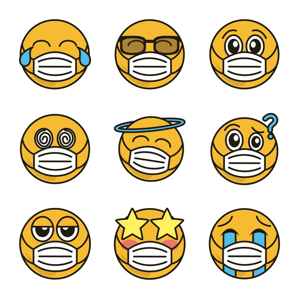 emoticon con conjunto de iconos de mascarilla vector