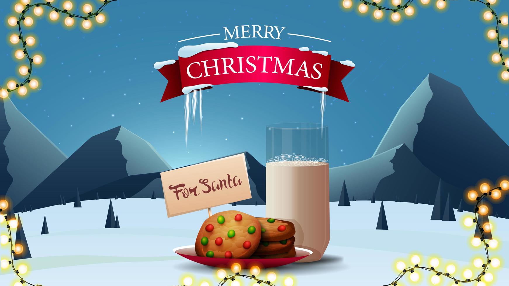 Merry Christmas, greeting postcard with cookies with milk vector