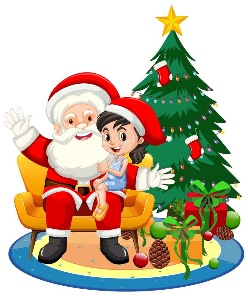 Santa Claus sitting on his lap with cute girl on white background vector