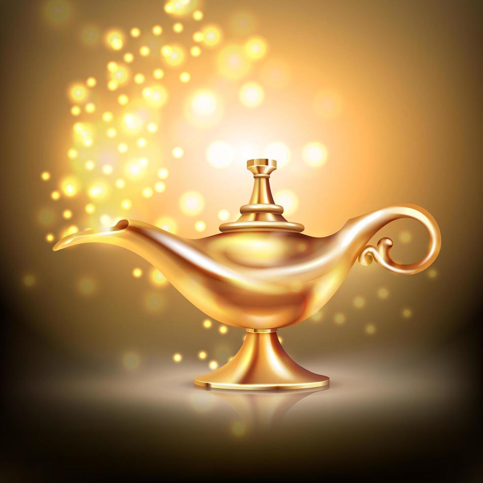 Realistic gold Arabian genie lamp vector