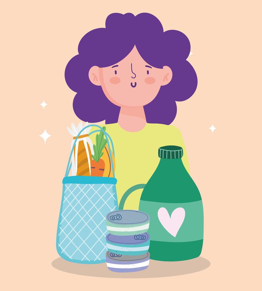 Woman with a bag of groceries, juice, and tuna can vector