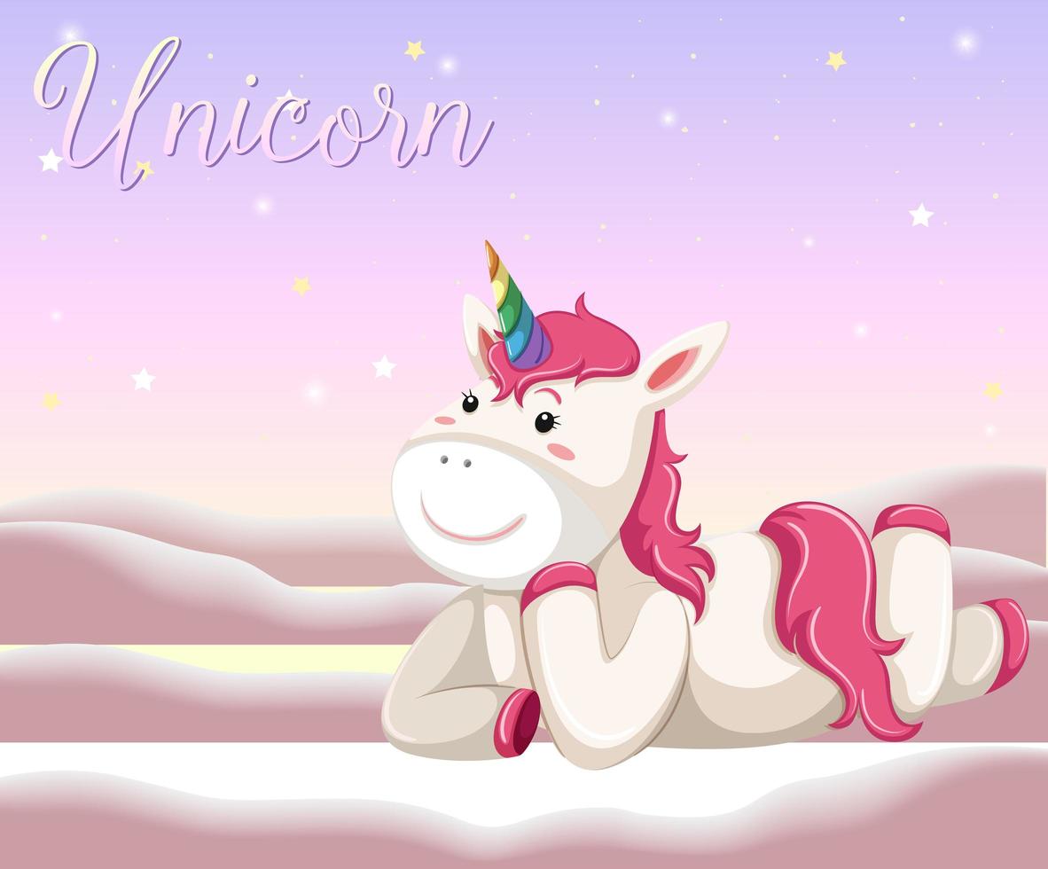 Happy unicorn laying cartoon character on pink pastel background vector