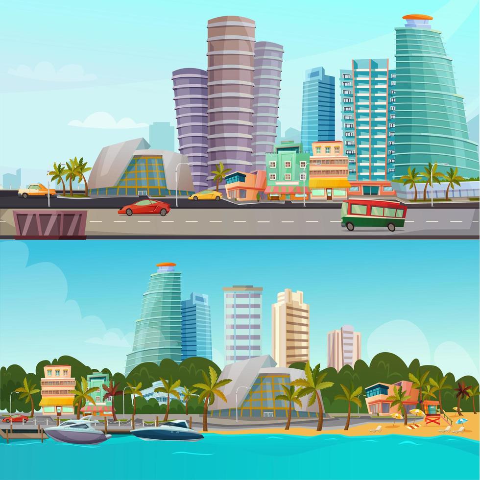 Miami Waterfront Cartoon Banner Set vector