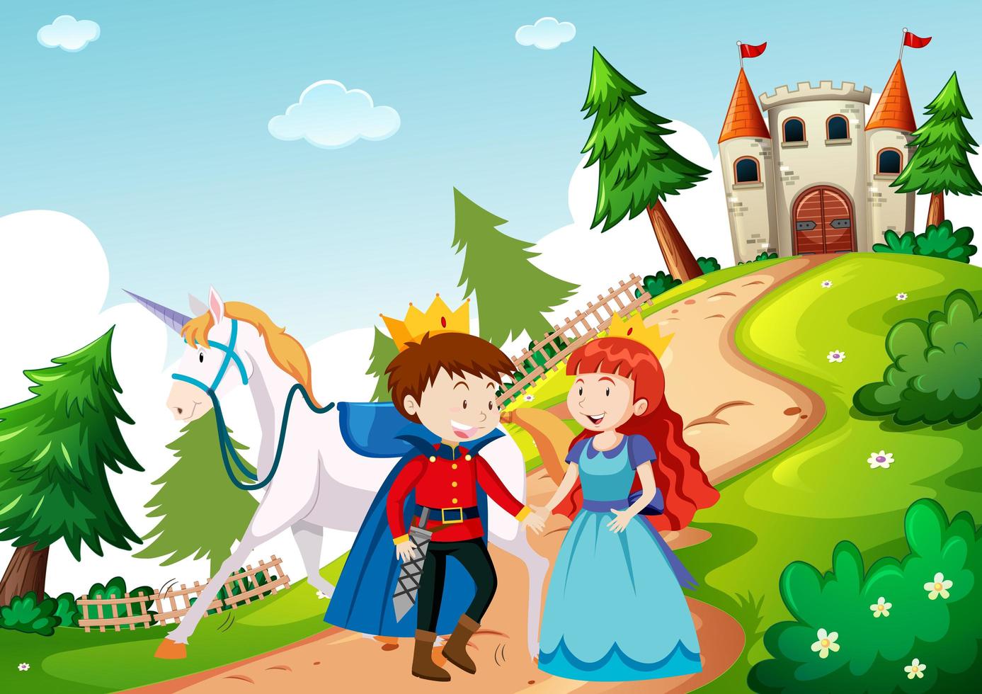 Prince and princess in fairytale land scene vector