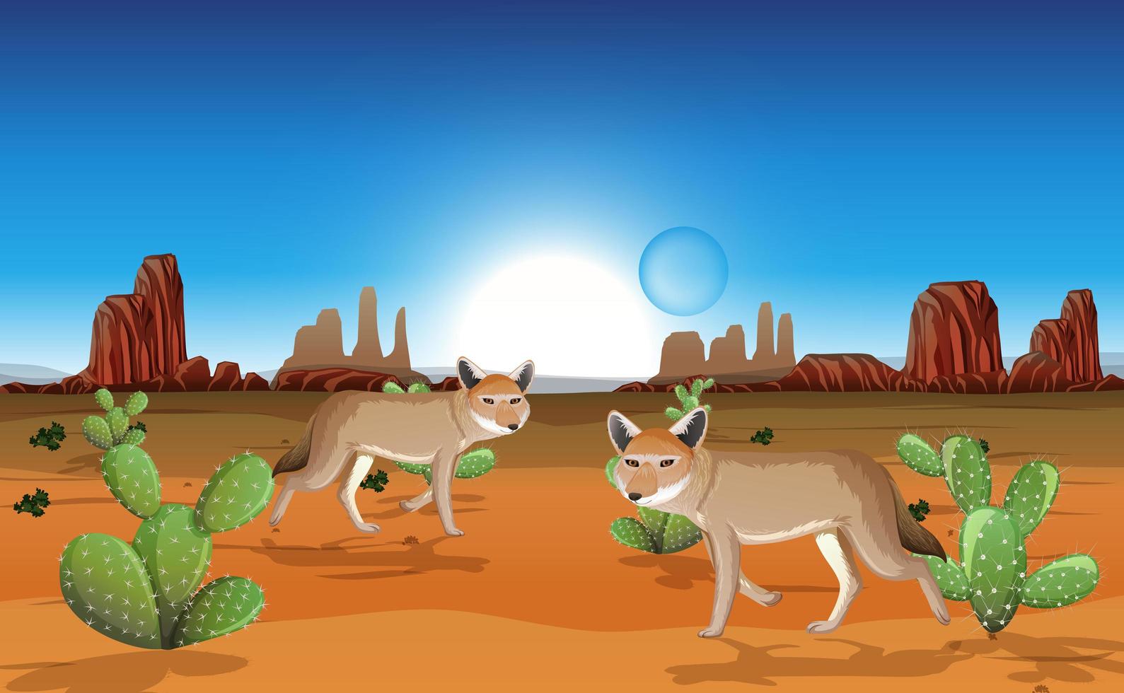 desierto con montañas rocosas y paisaje de coyotes en la escena del día vector