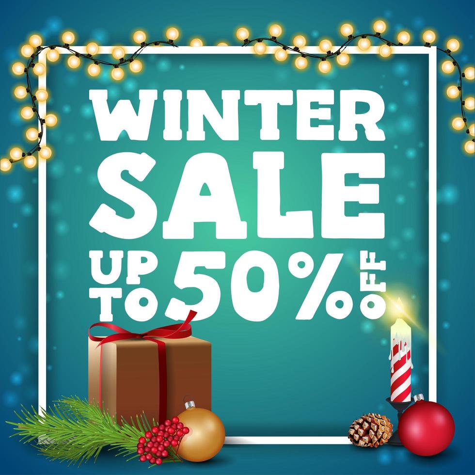 Winter sale, discount banner with white frame vector