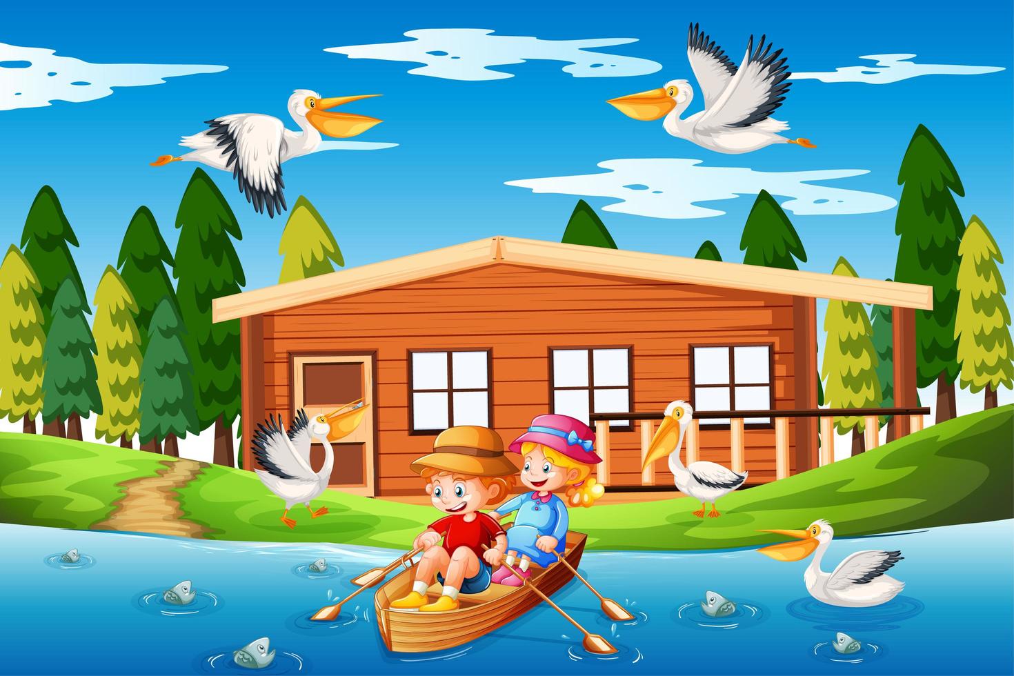 Children row the boat in the stream forest scene vector